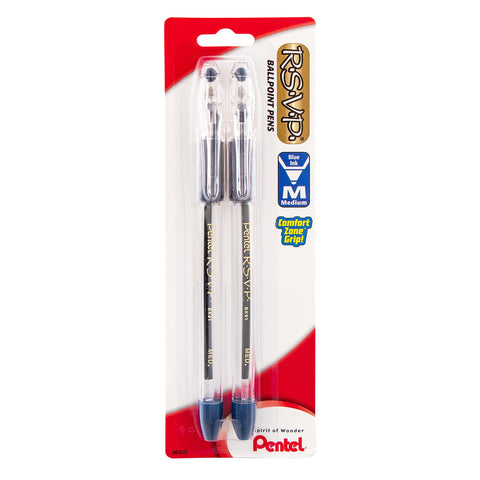 Pentel R.S.V.P. Ballpoint Pen, Medium Line, Blue Ink (BK91BP2C) (Pack of 1, 2 Count Total)
