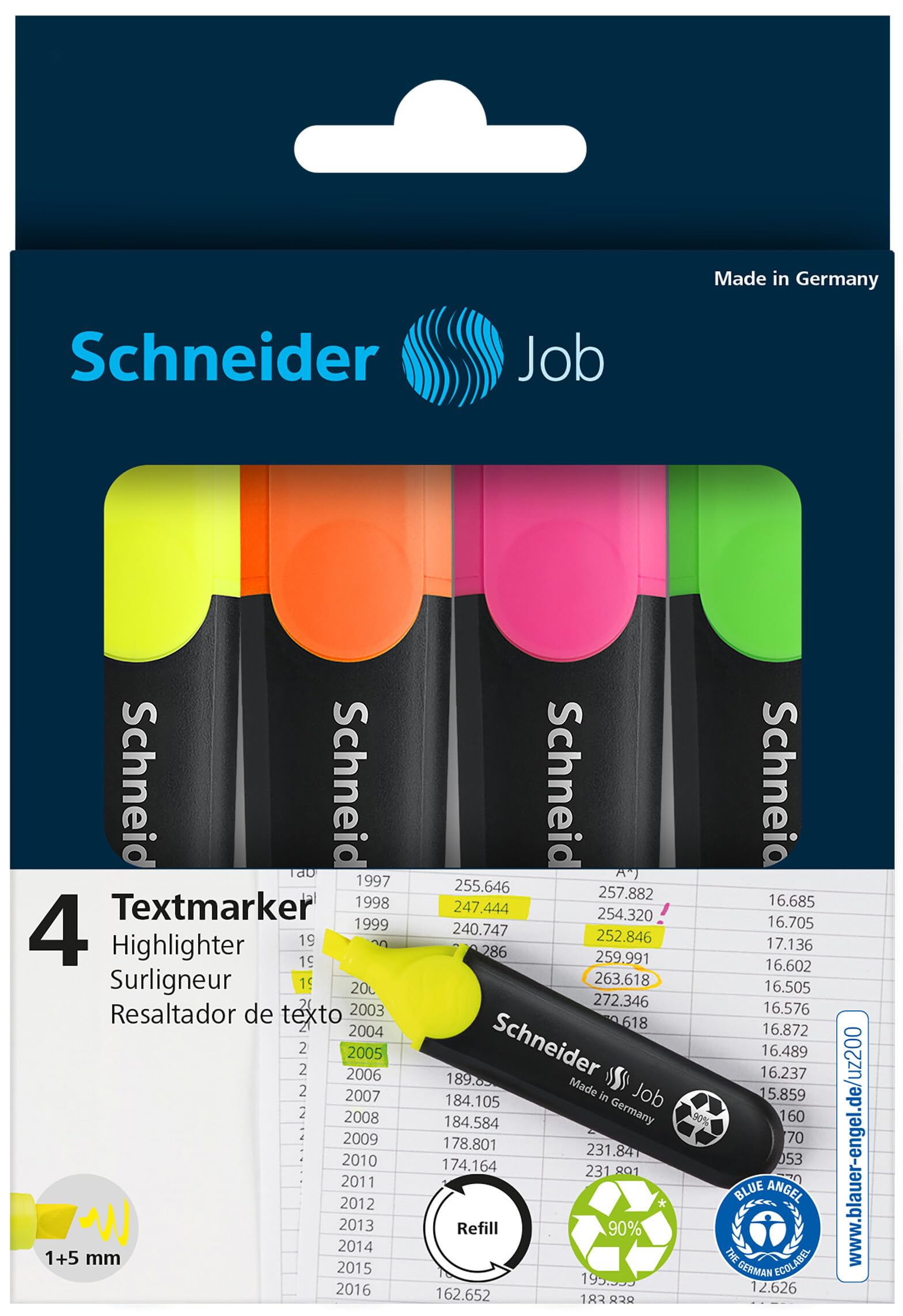 Schneider Job Highlighters, Chisel Tip, 1 + 5 mm, Black Barrel, Assorted Ink Colors, Pack of 4 Highlighters: Orange, Green, Pink, Yellow (1500)
