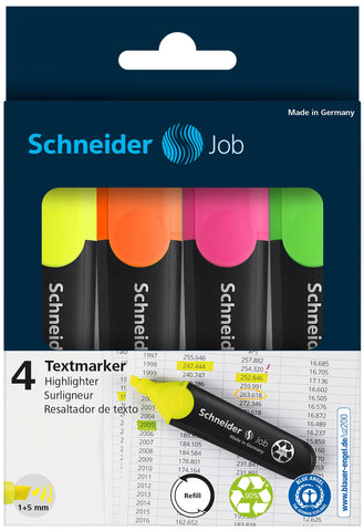 Schneider Job Highlighters, Chisel Tip, 1 + 5 mm, Black Barrel, Assorted Ink Colors, Pack of 4 Highlighters: Orange, Green, Pink, Yellow (1500)