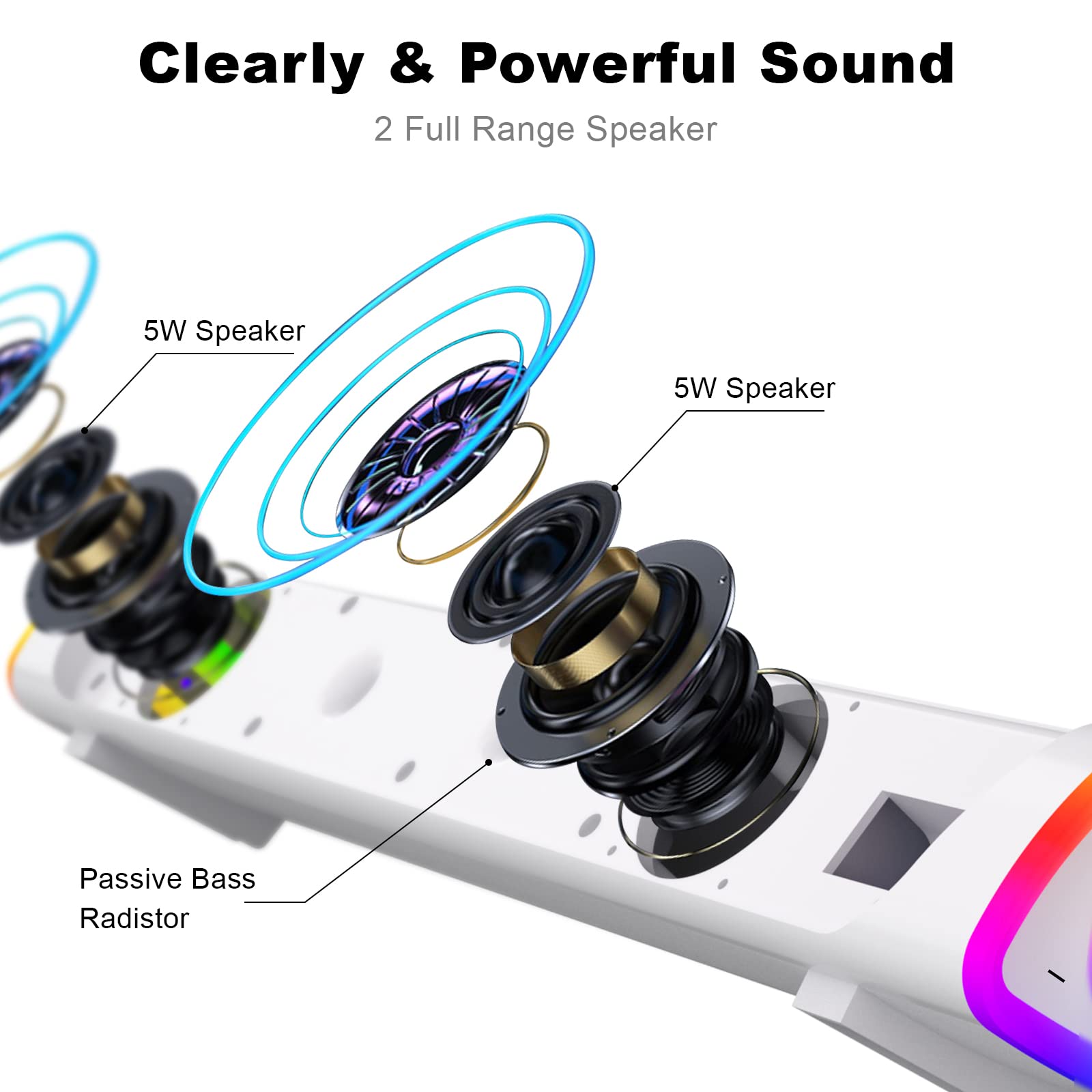 SOULION R30 Plus Bluetooth Computer Speakers, All-in-One Control Button with 6 Modes LED Lights PC Speaker, Wired USB Powered Surround Soundbar for Desktop Monitor Laptop White