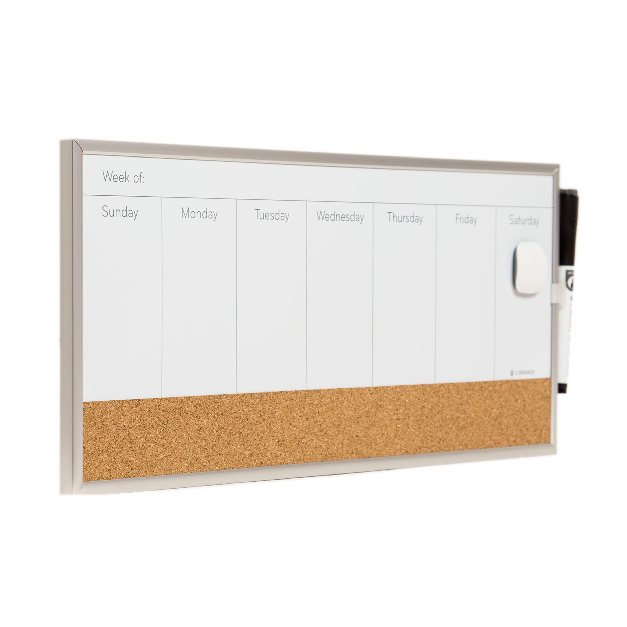 U Brands Magnetic Dry Erase Weekly Calendar White Board With Cork Strip, 18" x 7.5", Silver Aluminum Frame, Includes Magnet, Marker