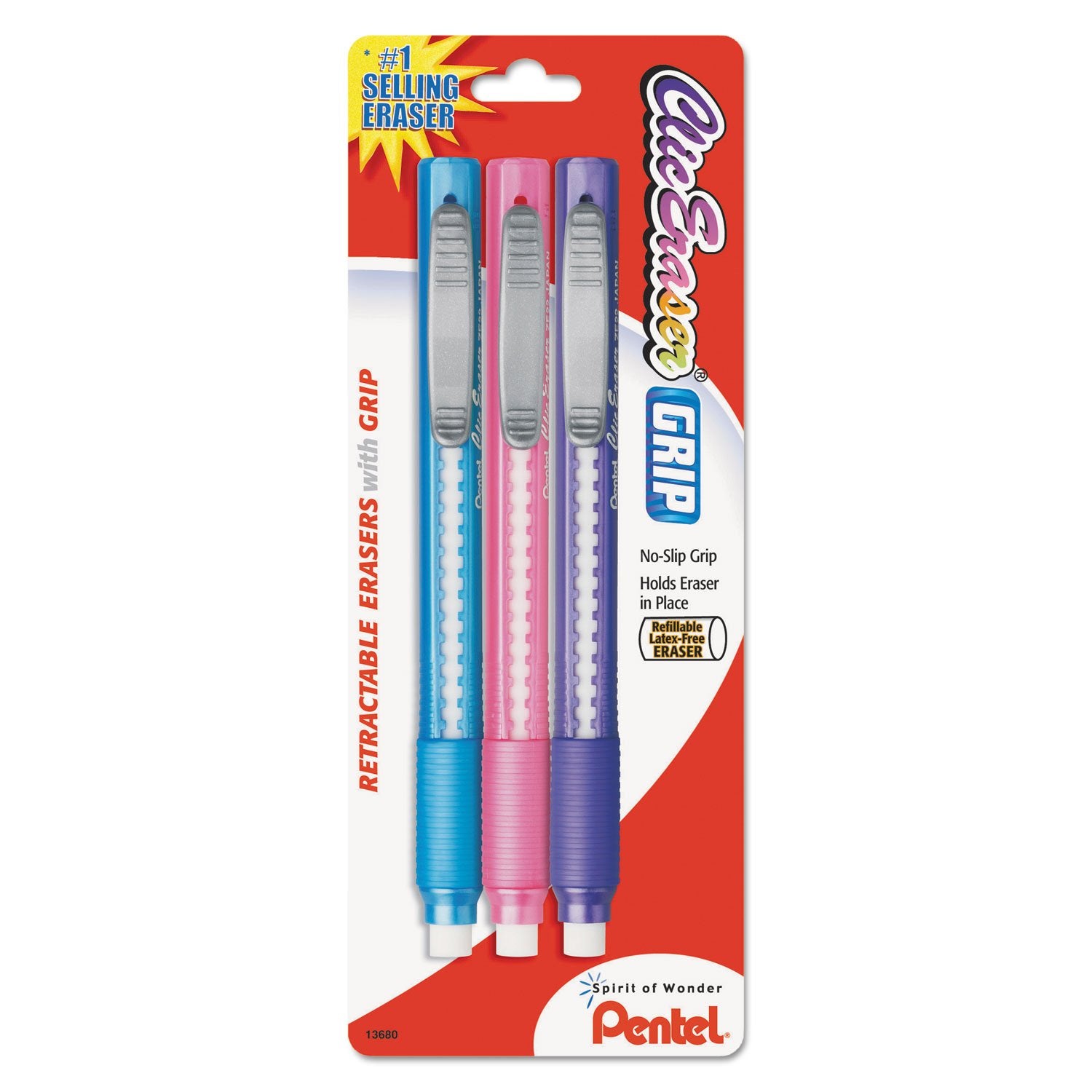 Pentel ZE21TBP3M Clic Eraser Pencil-Style Grip Eraser Assorted 3/Pack, Polyvinyl Chloride (PVC)