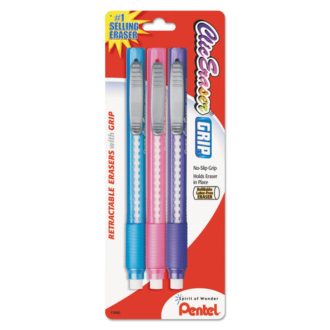 Pentel ZE21TBP3M Clic Eraser Pencil-Style Grip Eraser Assorted 3/Pack, Polyvinyl Chloride (PVC)
