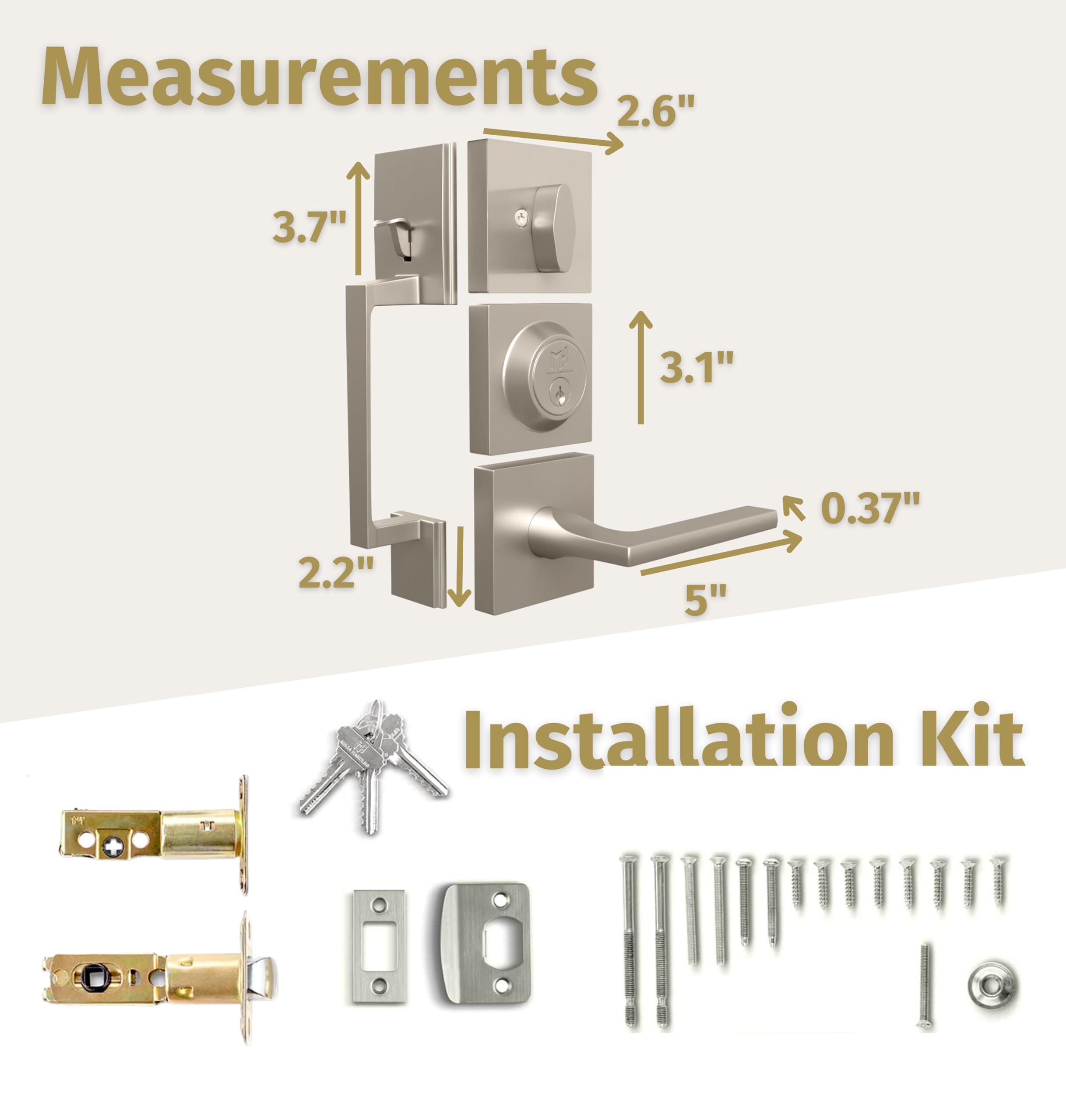 Mega Handles - TOBELLE Silver Entry Door Handleset - Single Cylinder Handleset with Lever for Entrance and Front Doors - Modern Door Handles for Left and Right-Handed Doors - Straight Handle