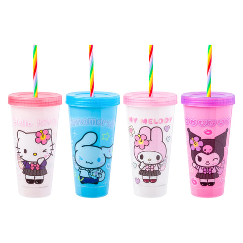 Silver Buffalo Sanrio Hello Kitty and Friends Kogyaru 4 Pack Color Change Plastic Tumblers Featuring Hello Kitty, Cinnamoroll, My Melody, and Kuromi, 24 Ounces