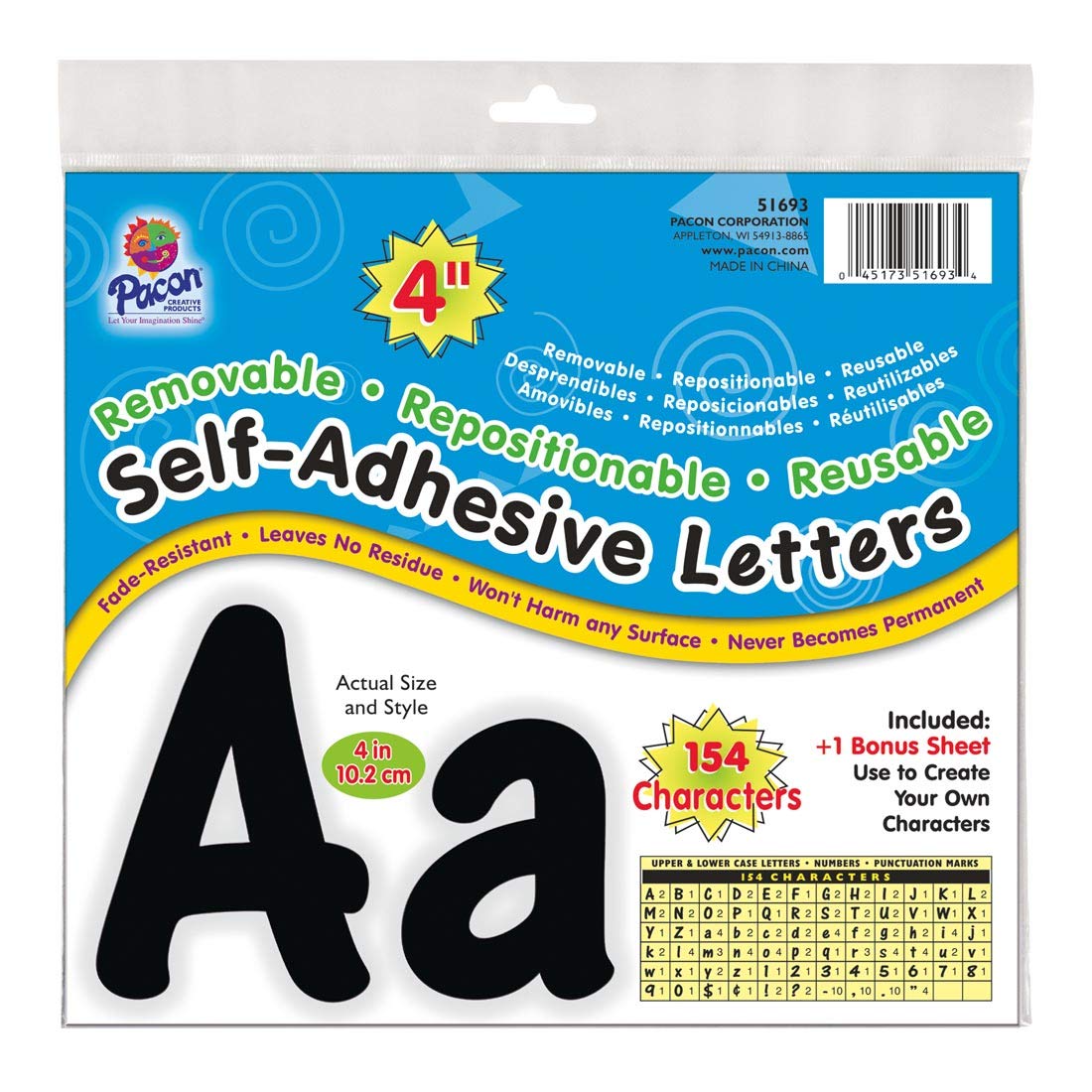 Pacon Reusable Self-Adhesive Vinyl Letters & Numbers Cheery Font 4" Black