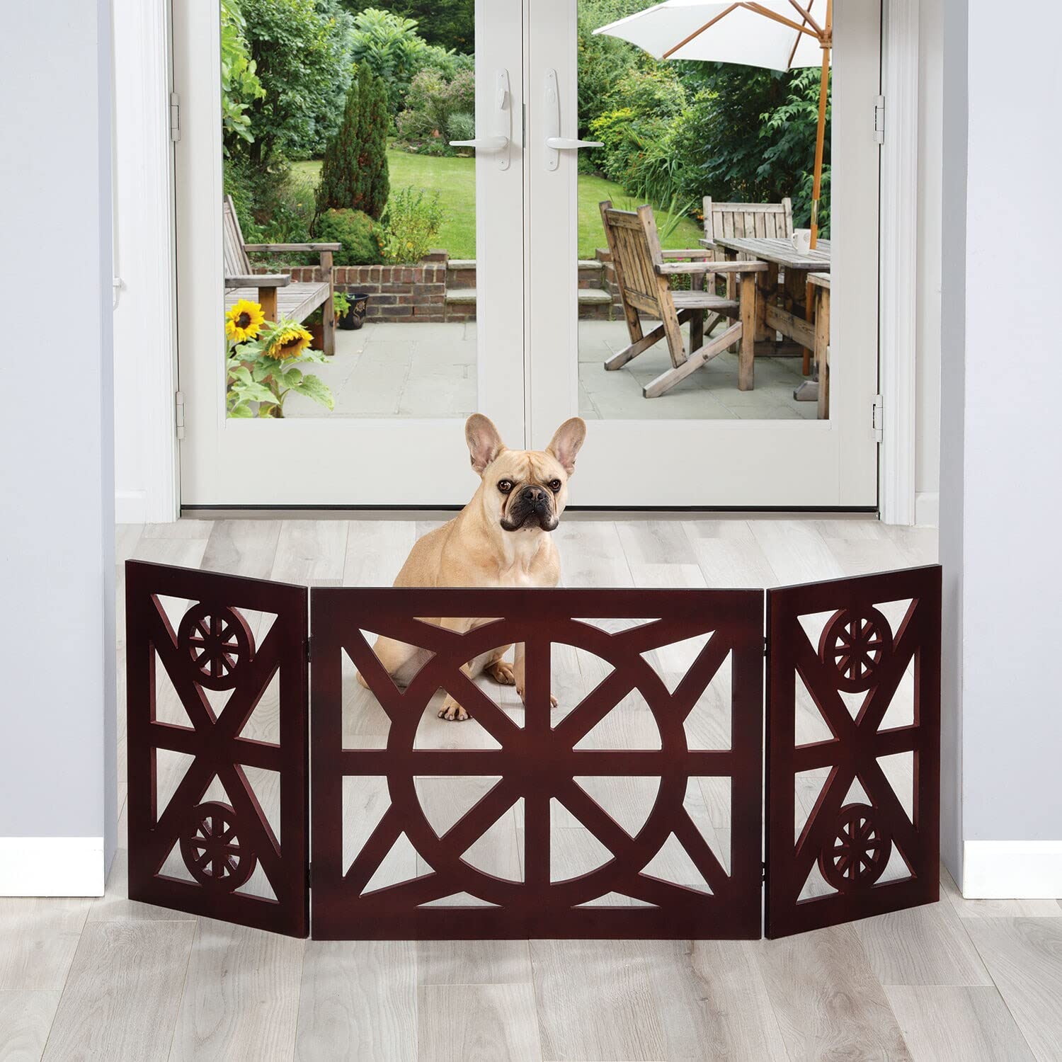 Etna 3 Panel Dog Gate - Trifold Wagon Wheel, Freestanding, Lightweight Foldable, Mahogany Wood, Brown, 48" W x 19" H