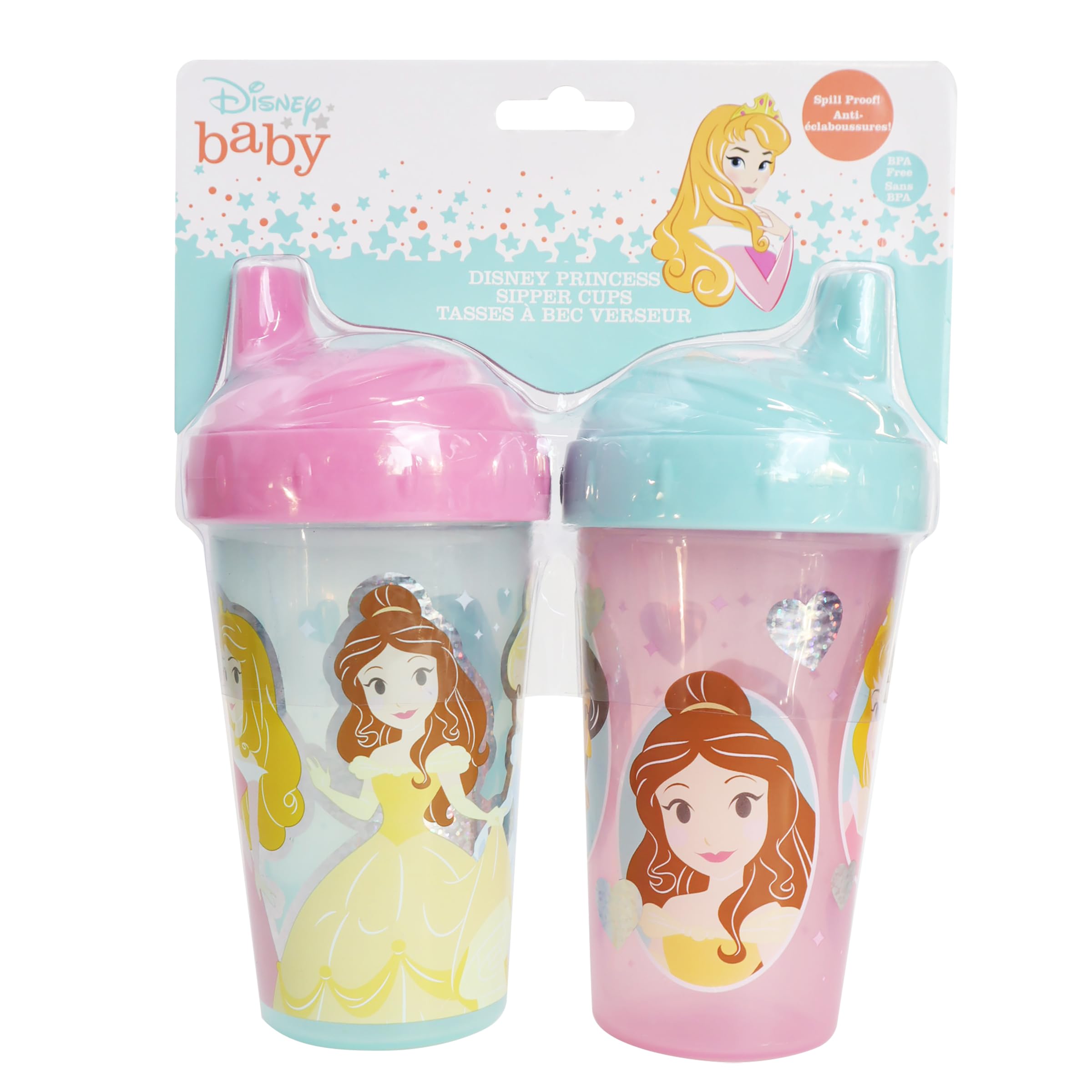 Disney Toddler Sipper Cups for Girls | 10 Ounce Princess Sipper Cup Pack of Two | Durable Blue Leak Proof Travel Water Bottle for Toddlers