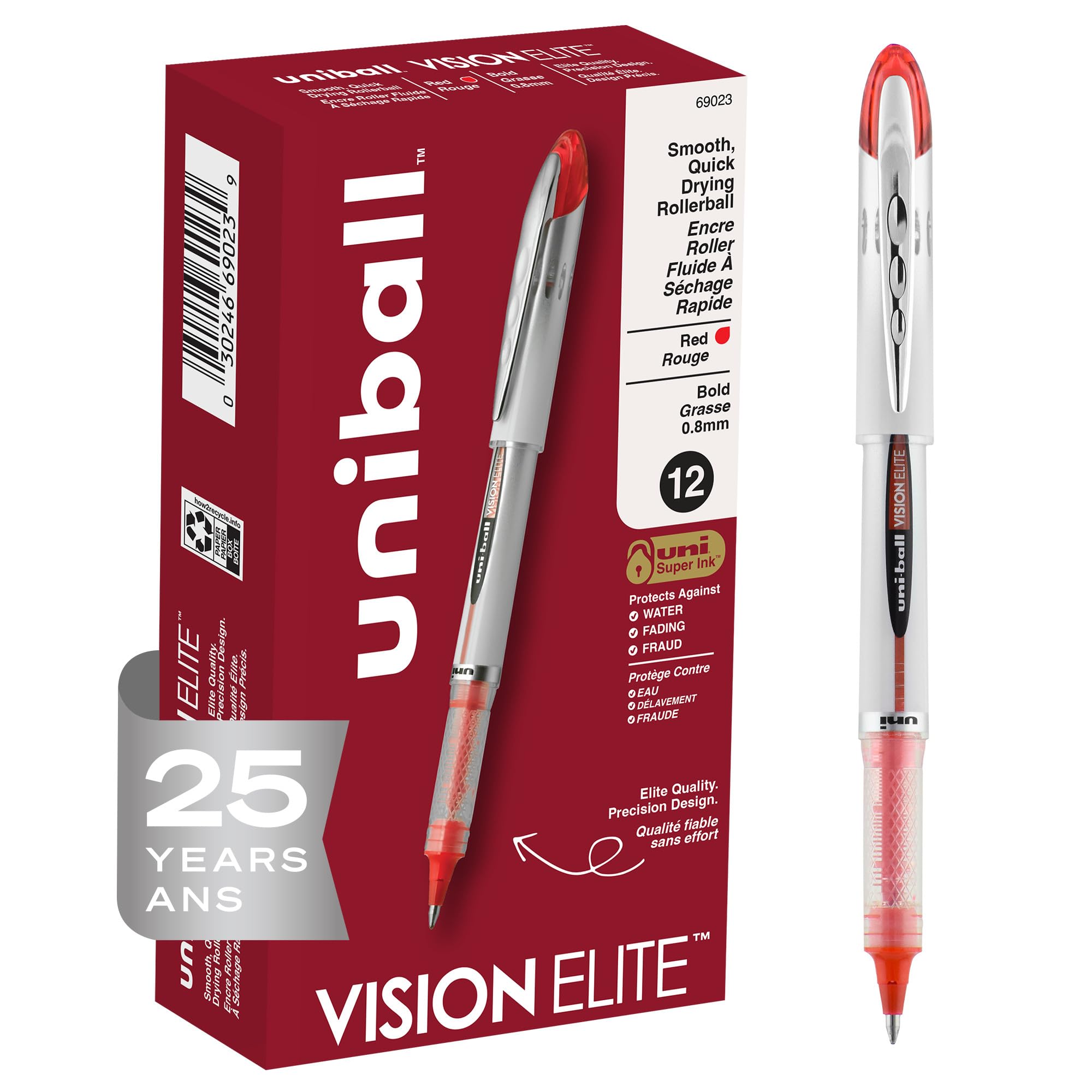 uni-ball uniball Vision Elite Rollerball Pens with 0.8mm Bold Point, Red, 12 Count