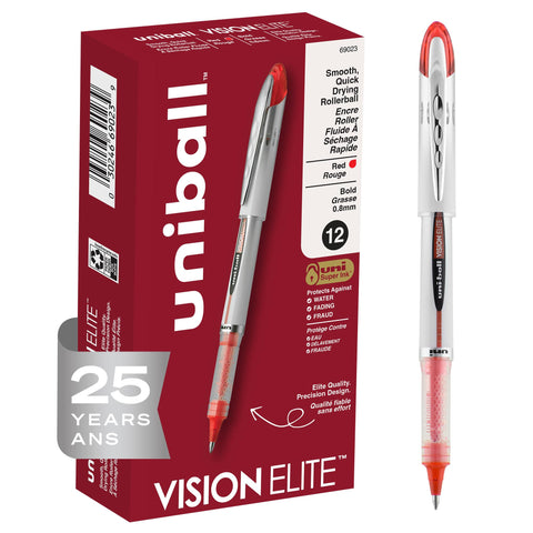 uni-ball uniball Vision Elite Rollerball Pens with 0.8mm Bold Point, Red, 12 Count