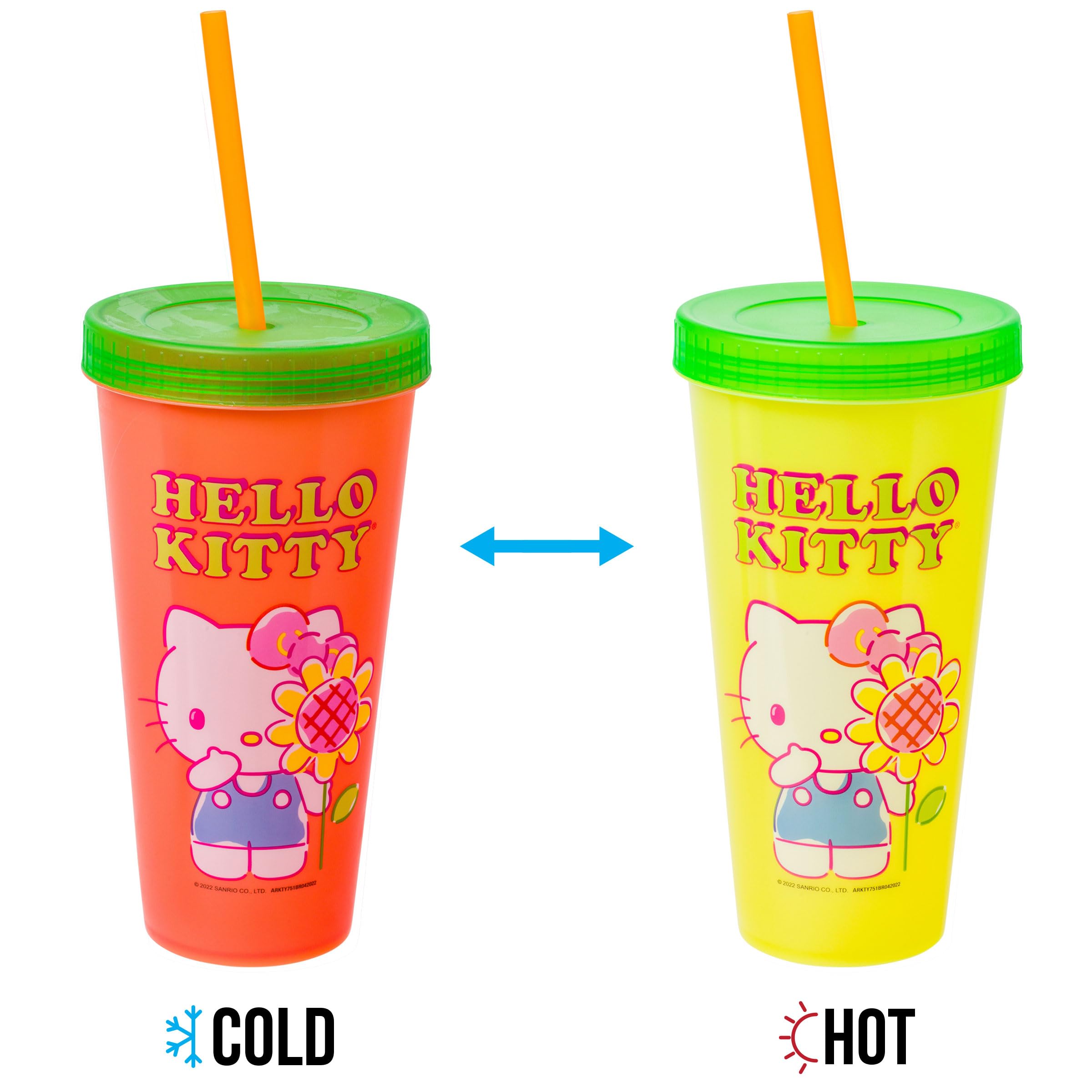 Silver Buffalo Sanrio Hello Kitty Summertime Gardening 4-Pack Color Changing Plastic Tumblers Includes Lid and Straw, 24 Ounces