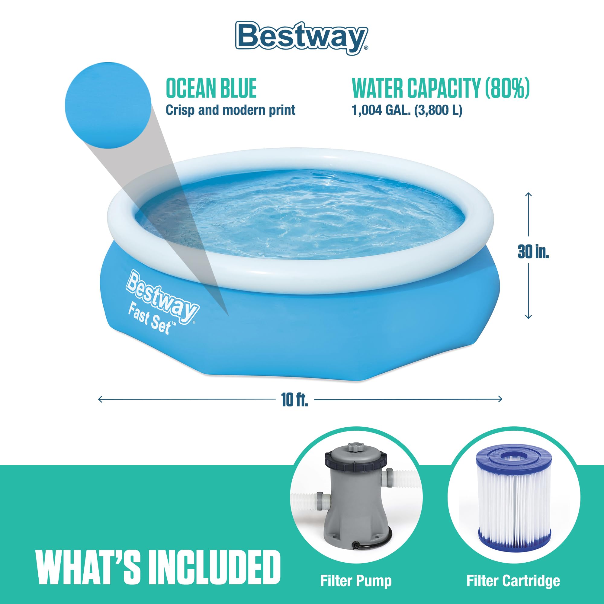 Bestway 57269E Fast Set Up 10ft x 30in Outdoor Round Inflatable Above Ground Swimming Pool Set with 330 GPH Filter Pump, Blue
