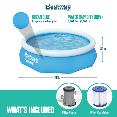 Bestway 57269E Fast Set Up 10ft x 30in Outdoor Round Inflatable Above Ground Swimming Pool Set with 330 GPH Filter Pump, Blue