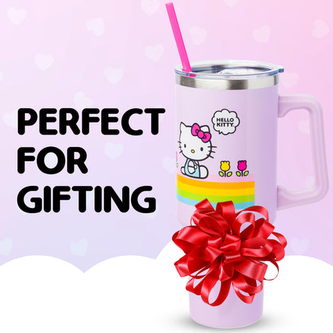 Silver Buffalo Sanrio Hello Kitty Spring and Summer Flowers Rainbow Stripes Double Walled Stainless Steel Tumbler with Handle and Straw, Fits in Standard Cup Holder, 40 Ounces