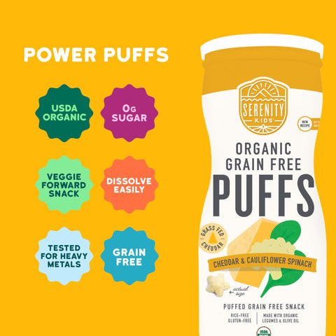 Serenity Kids 6+ Months Grain-Free Baby Puffs - Melt-in-Mouth Toddler Snacks, Easy-Grip Infant Snacks, Real Veggie & Olive Oil Organic Baby Food, 1.5 Oz, Pack of 1, White Cheddar & Cauliflower Spinach