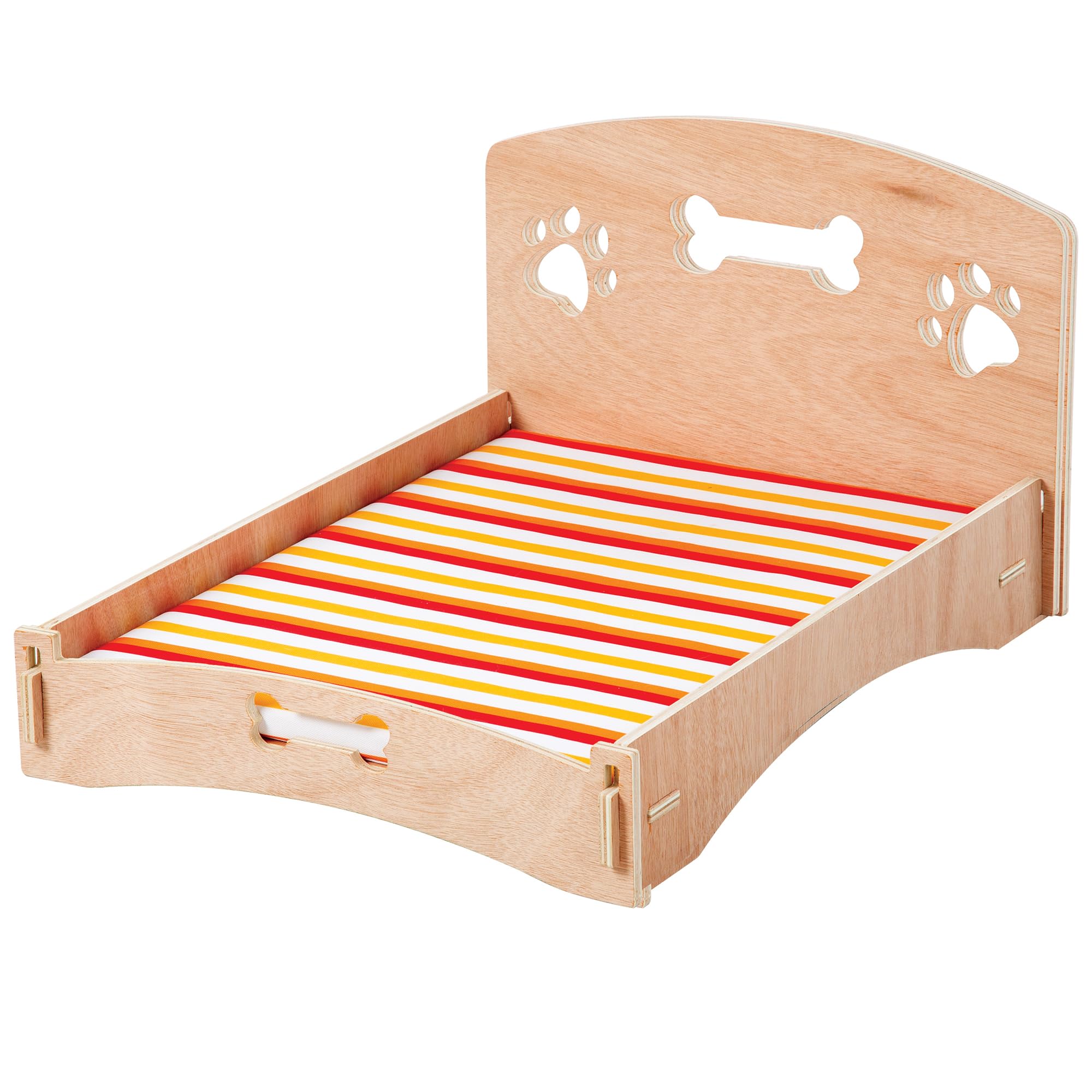 Etna Products Wooden Dog Bed Bone and Footprint Design with Removable Stripe Cushion, Small Pet Bed for Indoor/Outdoor Use 22" L x 16" W x 12" H