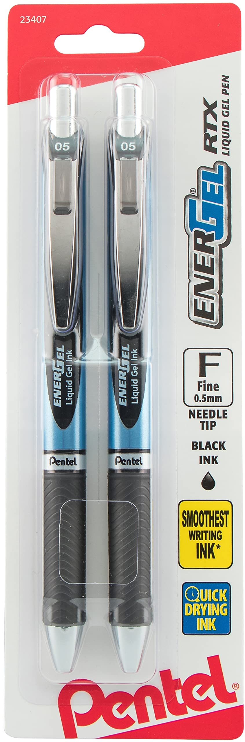 Pentel Gel Ink Pen, EnerGel RTX Retractable Gel Pen, 0.5mm, Needle Tip, Black Ink, 2 Pack (BLN75BP2A)