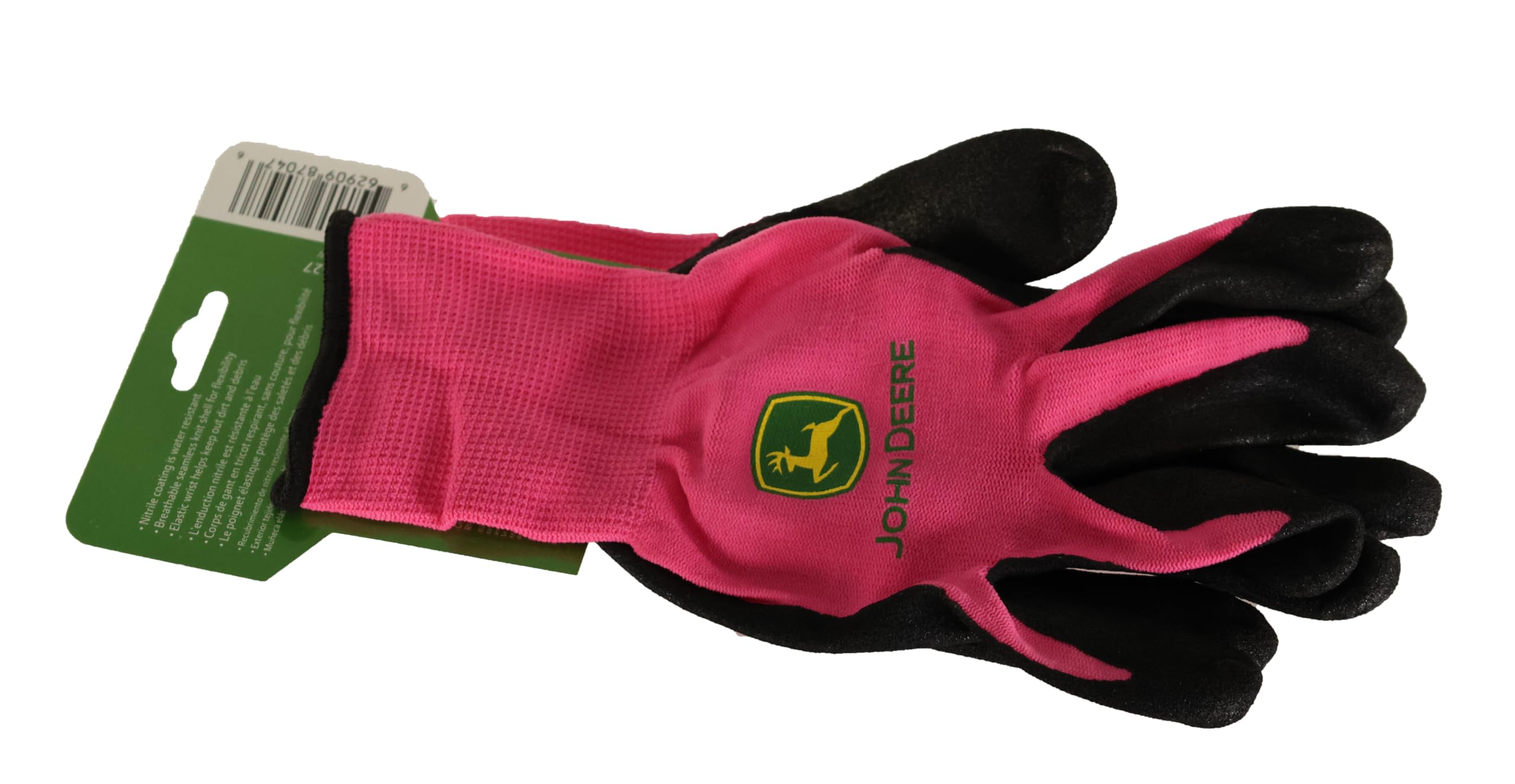 John Deere JD00021 Nitrile Foam Palm Dipped Gloves - Work Gloves for Women, Light-Duty Gloves with Elastic Wrist, Band Top Cuff, Black/Pink