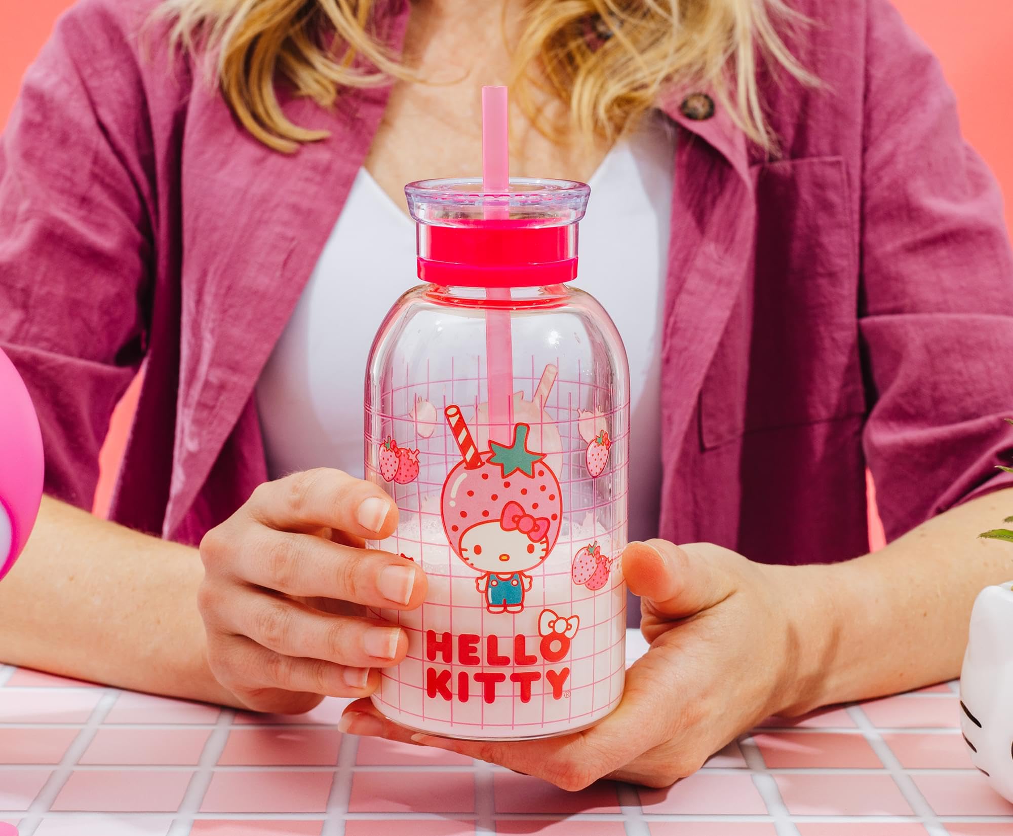 Silver Buffalo Sanrio Hello Kitty Strawberry Milk Grid Glass Milk Bottle with Straw, 15 Ounces