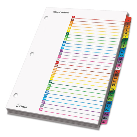 Cardinal OneStep Binder Dividers, 31-Tab, Customizable Table of Contents, Reversible Multicolor Tabs, Numbered 1–31, 1 Set (60118)