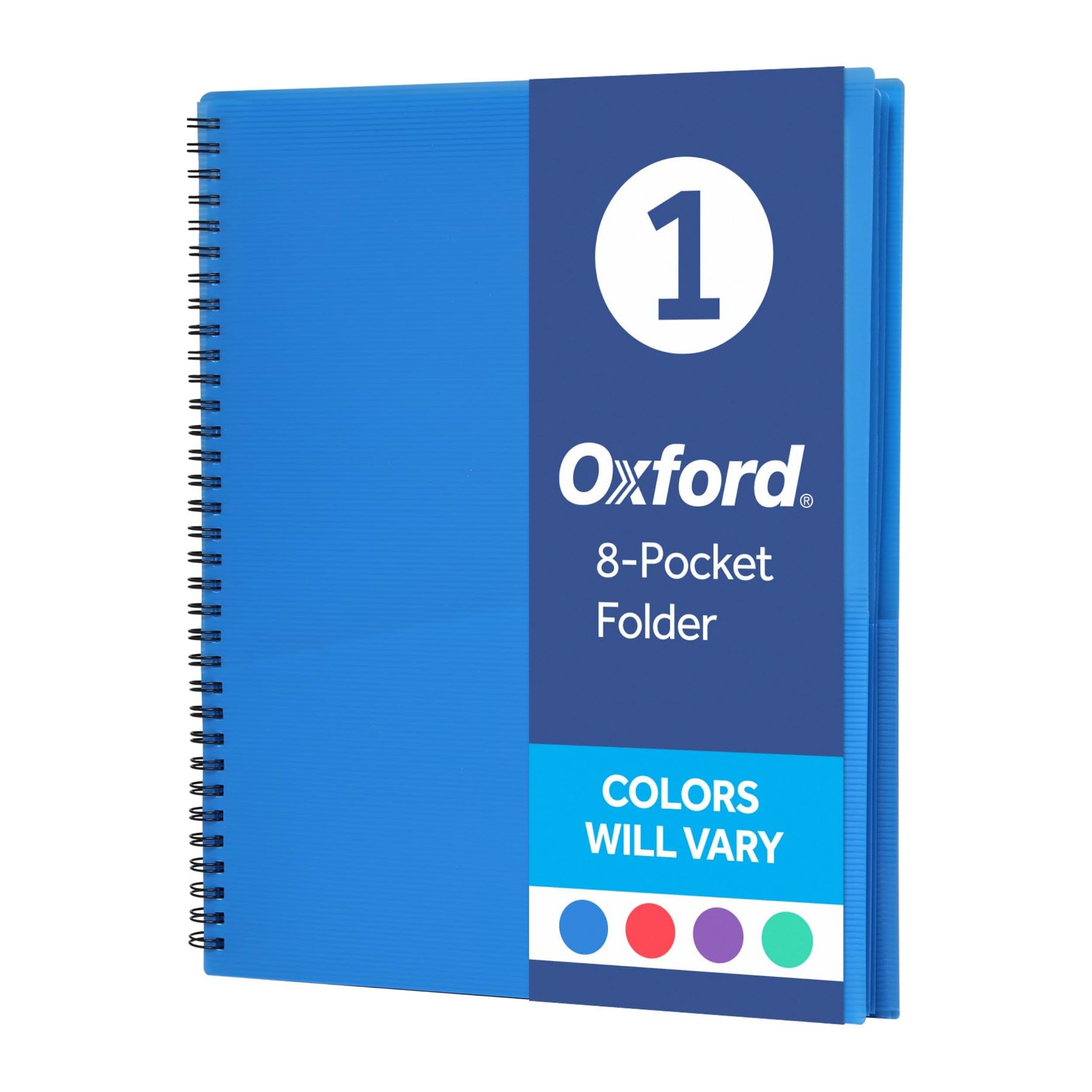 Oxford Poly 8-Pocket Organizer, Letter Size Folder, Durable Translucent Poly, Wire Binding, Holds 200 Sheets, Assorted Colors (Red, Blue, Green and Purple), No Color Choice, 1 Per Pack (5740404)