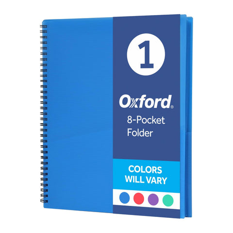 Oxford Poly 8-Pocket Organizer, Letter Size Folder, Durable Translucent Poly, Wire Binding, Holds 200 Sheets, Assorted Colors (Red, Blue, Green and Purple), No Color Choice, 1 Per Pack (5740404)