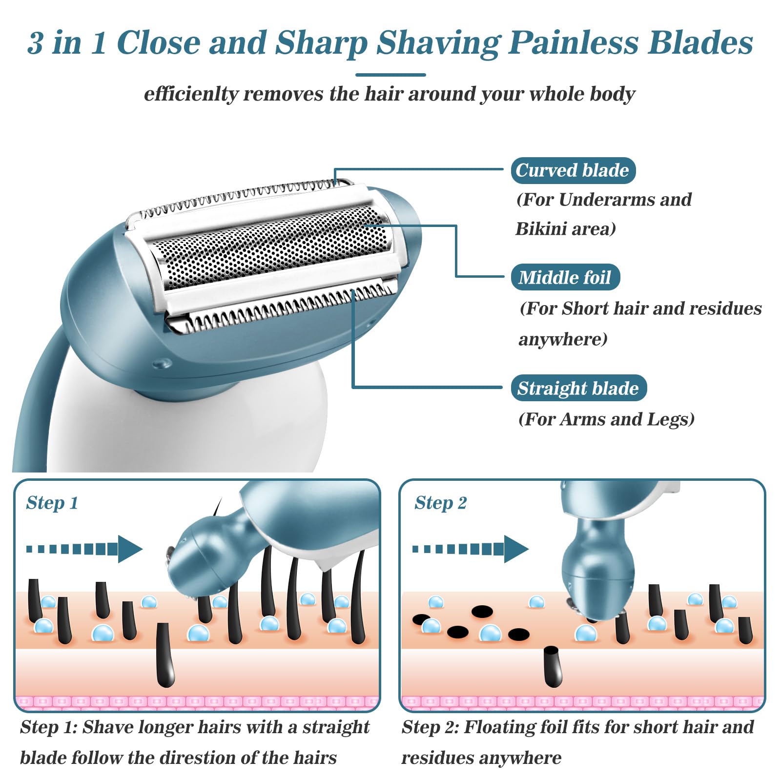 Electric Razors for Women for Legs Bikini Trimmer Electric Shaver for Women Underarm Public Hairs Rechargeable Womens Shaver Wet Dry Use Painless Cordless with Detachable Head (Blue)