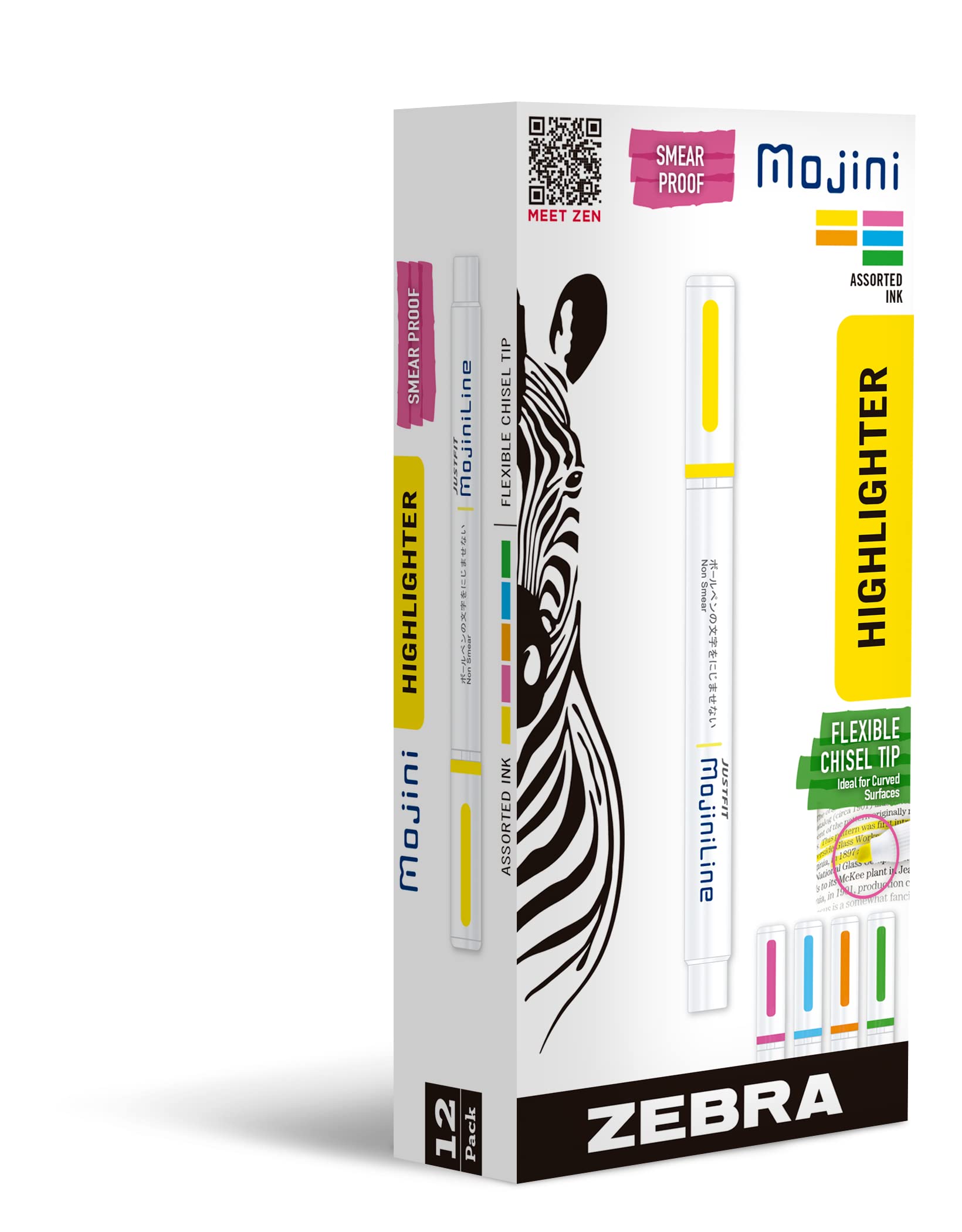 Zebra Pen, Mojini Highlighters, Assorted Neon Colors, Flexible Chisel Tip Ideal for Curved Surfaces and Hard-to-Reach Places, Smear Proof Over Gel & Ballpoint Inks, Made in Japan, 12-Pack (70200)