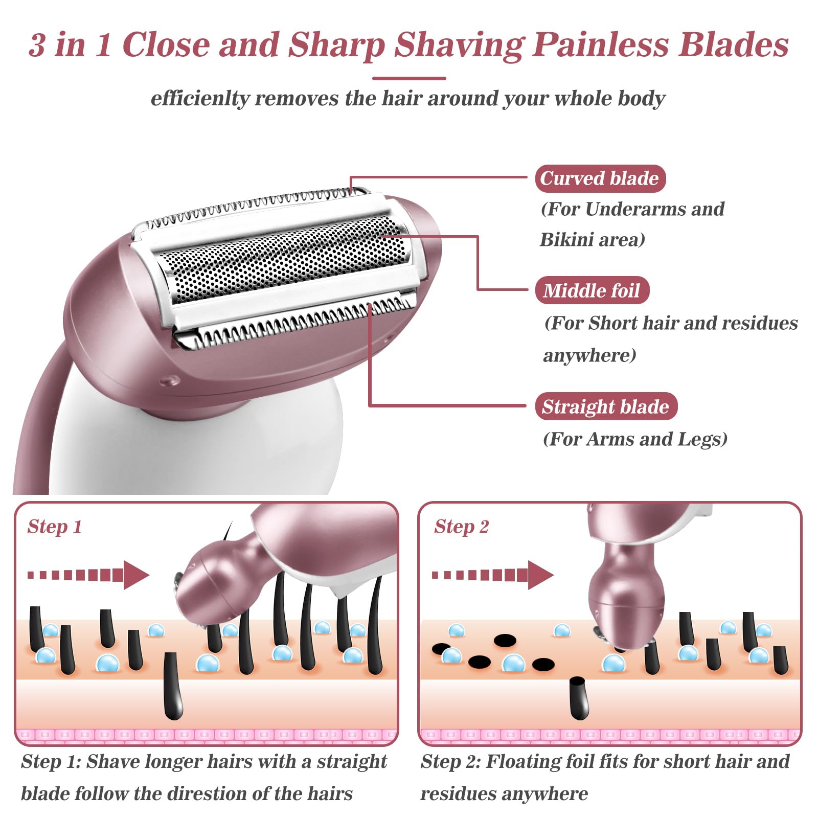 Electric Shaver for Women for Legs Bikini Trimmer Electric Razors for Women Underarm Public Hairs Rechargeable Womens Shaver Wet Dry Use Painless Cordless with Detachable Head (Pink)