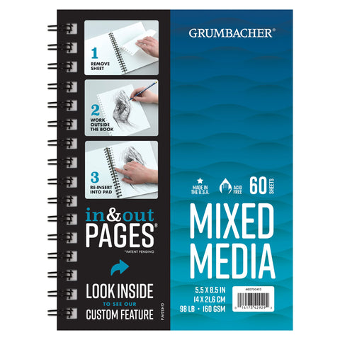 Grumbacher 5.5" x 8.5" Mixed Media Paper Pad with in & Out Pages, 98 lb. / 160 GSM, Side Wire Bound, 60 White Sheets/Pad, 1 Each