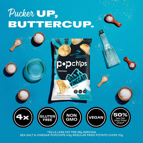 Popchips Potato Chips, Sea Salt & Vinegar, 5.0 oz. Share Bags, Low-Calorie, Gluten Free, Salty Snacks for Adults and Children, Non-GMO, Vegan & Kosher Friendly, 130 Calories Per Serving