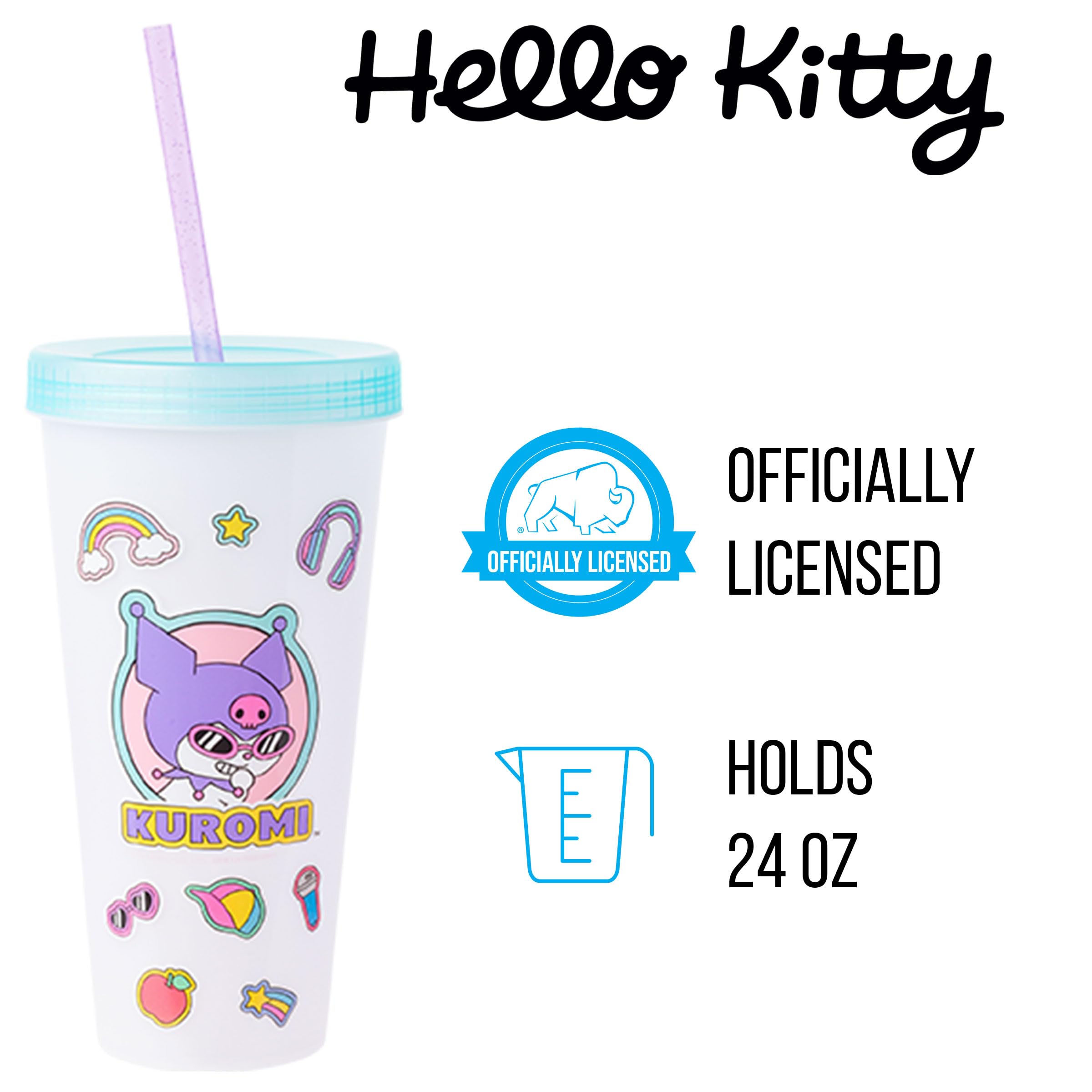 Silver Buffalo Sanrio Hello Kitty and Friends Sticker Design Featuring Kuromi, Keroppi, My Melody, and Hello Kitty 4 Pack Color Changing Plastic Tumbler Set with Glitter Straw, 24 Ounces