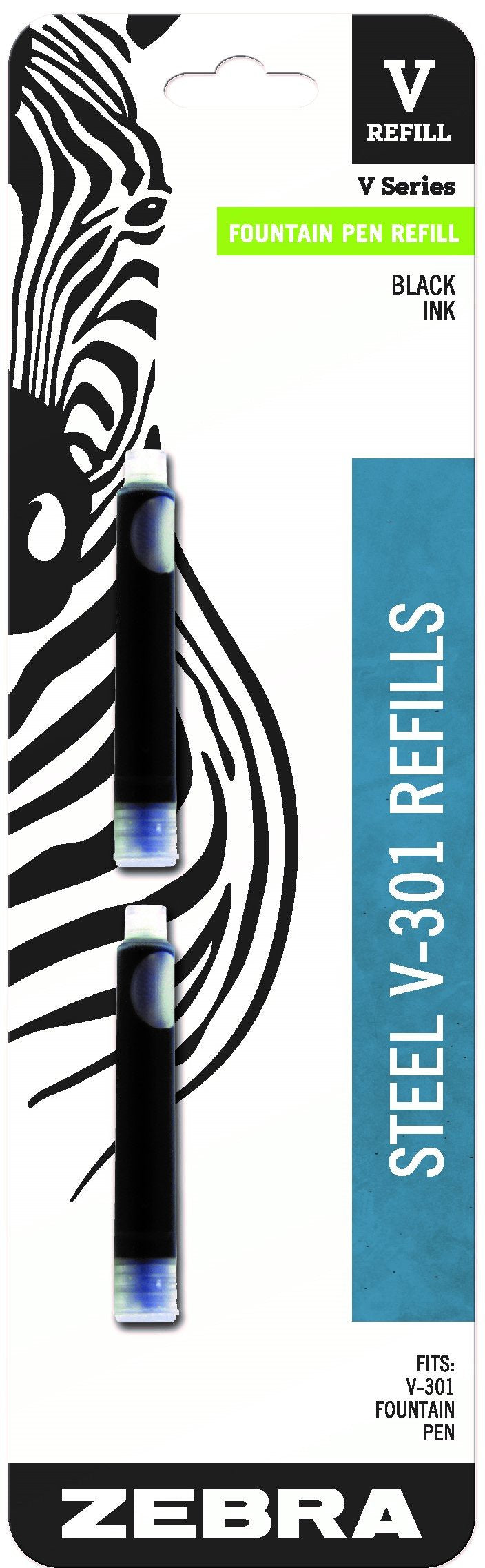 Zebra Pen Steel, V-Refill Fountain Pen Ink Cartridge Refill, 0.7mm Fine Point, Black Ink, Fits Zebra Pen Steel V-301 Fountain Pen, Smooth and Controlled Writing, Easy to Replace, 2-Pack (87712)