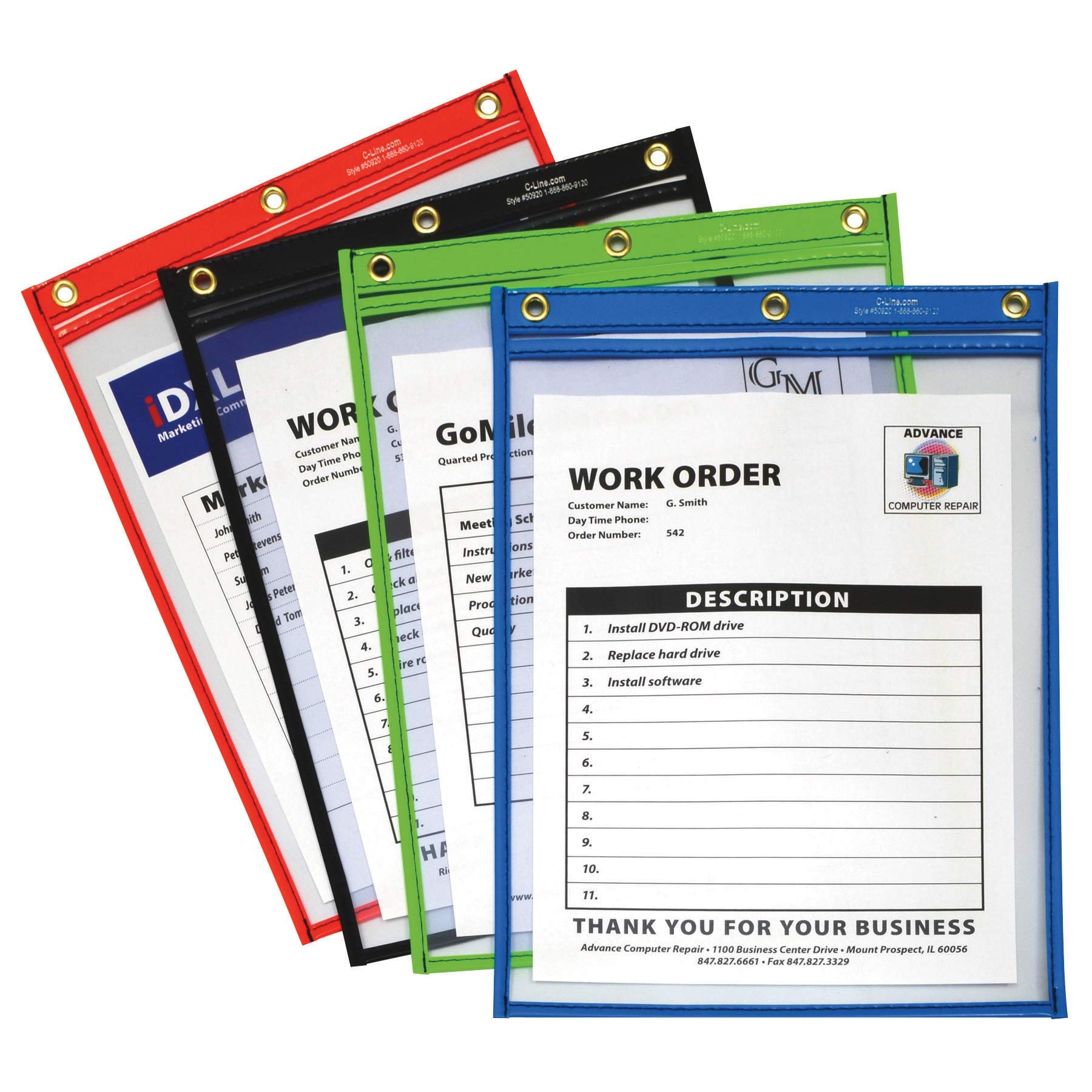 C-Line Heavy Duty Super Heavyweight Plus Stitched Shop Ticket Holder, Assorted Colors, 9 x 12 Inches, Box of 20 Shop Ticket Holders (50920)