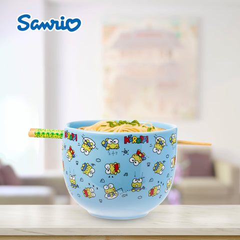Silver Buffalo Sanrio Hello Kitty and Friends Keroppi Fishing and Doodling Ceramic Ramen Noodle Rice Bowl with Chopsticks, Microwave Safe, 20 Ounces