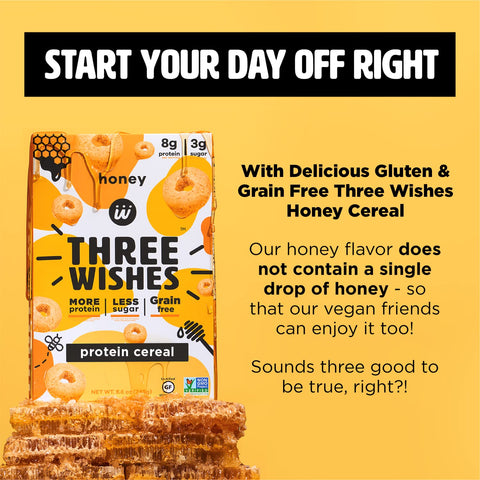 Protein and Gluten-Free Breakfast Cereal by Three Wishes (1-Pack) - High Protein and Low Sugar Snack - Vegan, Kosher, Grain-Free and Dairy-Free - Non-GMO (Honey)