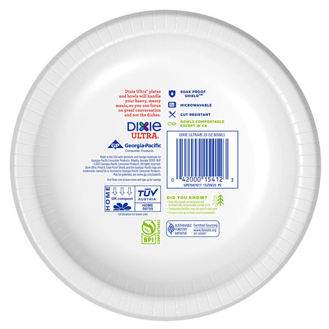 Dixie Ultra, Large Paper Bowls, 20 Oz, 26 Count, Microwave Safe, Compostable, Disposable Bowls Great For Breakfast, Lunch, And Dinner Meals