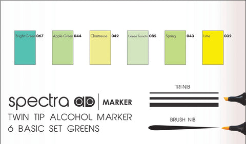 Chartpak Spectra AD Marker Set in Plastic Case, Tri-Nib and Brush Dual-Tip, 6 Assorted Green Colors (SGREENS6AD)