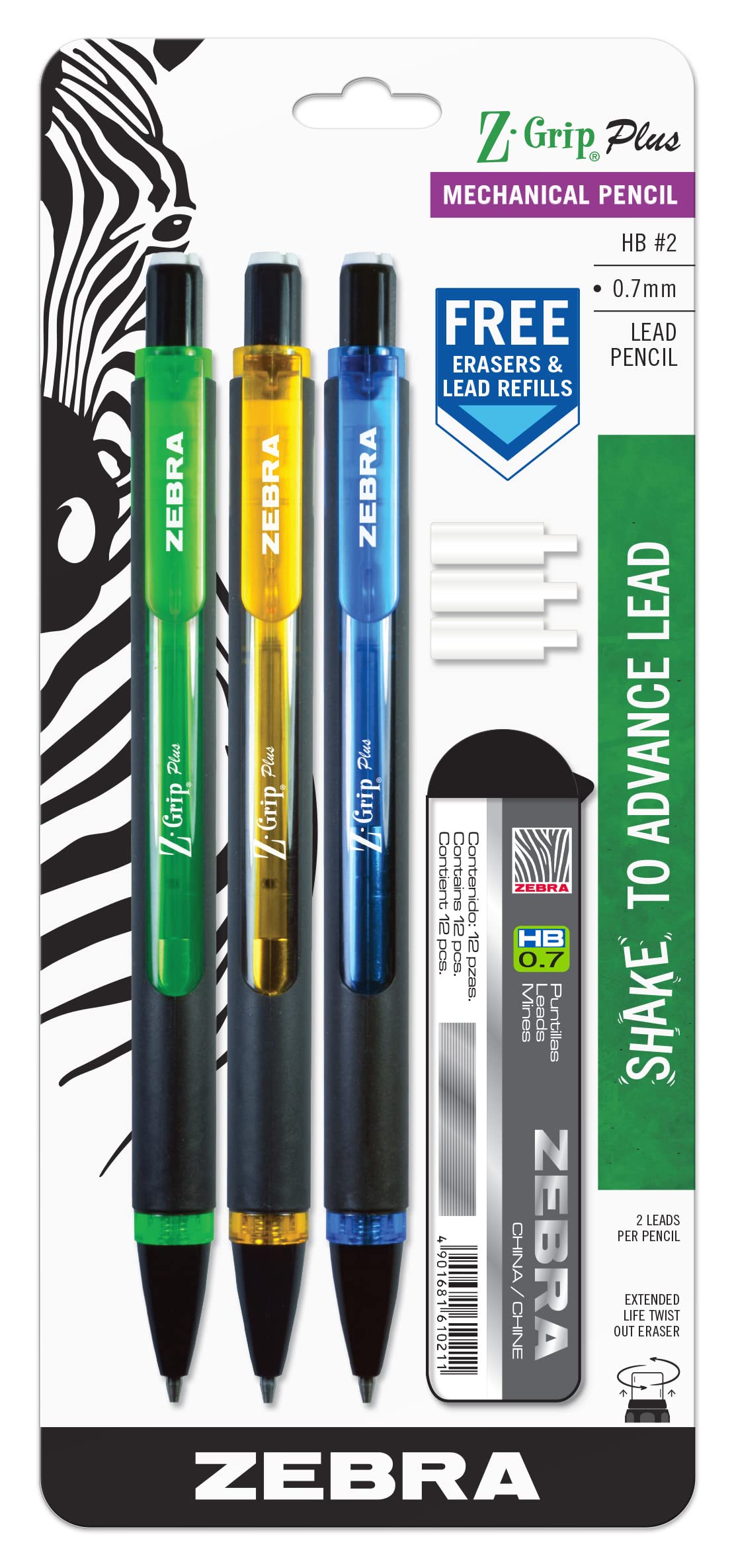 Zebra Pen Z-Grip Plus Mechanical Pencil, Smooth Writing, Latex-Free Grip, 0.7mm Lead, #2 HB, Shake to Advance the Lead, Assorted Barrel Colors, Green, Yellow, Blue, 3-Pack (55403)