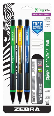 Zebra Pen Z-Grip Plus Mechanical Pencil, Smooth Writing, Latex-Free Grip, 0.7mm Lead, #2 HB, Shake to Advance the Lead, Assorted Barrel Colors, Green, Yellow, Blue, 3-Pack (55403)