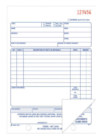 Adams Repair Order Book, Carbonless, 2-Part, White/White, 5-9/16 x 8-7/16 Inches, 50 Sets (D5084)