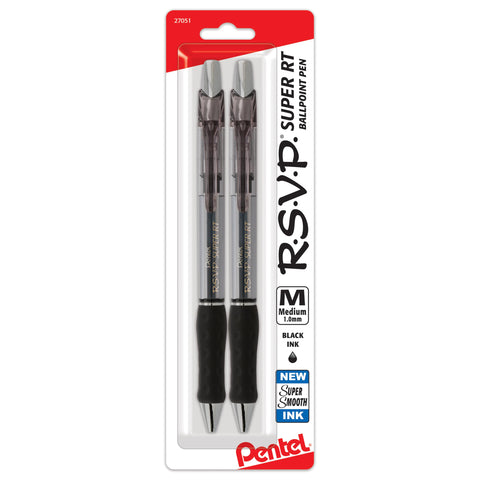 Pentel RSVP Super RT Ballpoint Pen, (1.0mm) Medium Line, Black Ink, Pack of 2 (BX480BP2A)
