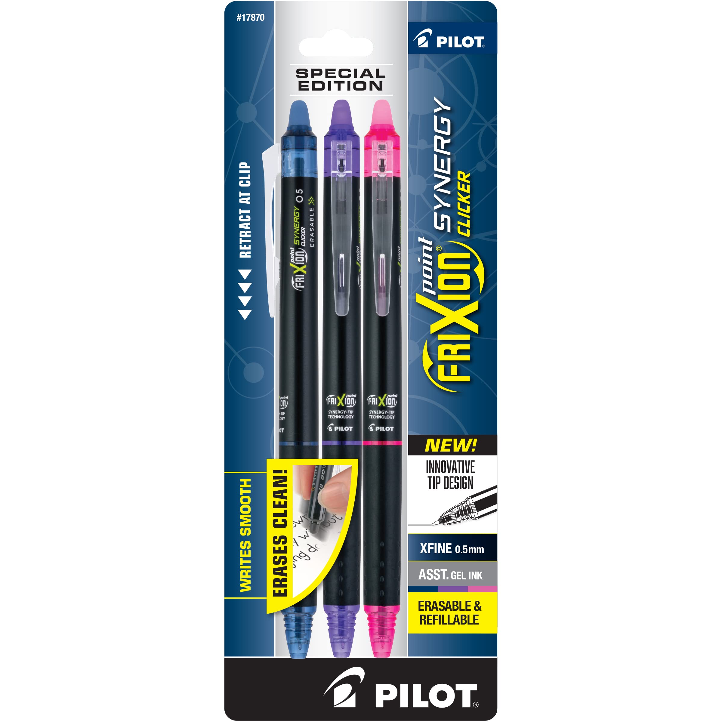 PILOT Frixion Point Synergy Clicker Retractable & Erasable Gel Ink Pens, 0.5mm Extra Fine Point, Assorted Colors, 3-pack