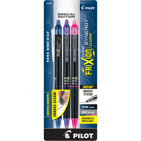 PILOT Frixion Point Synergy Clicker Retractable & Erasable Gel Ink Pens, 0.5mm Extra Fine Point, Assorted Colors, 3-pack