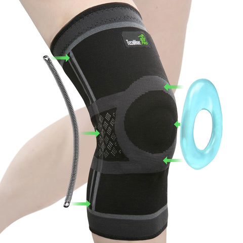TechWare Pro Knee Brace for Women & Men - Knee Compression Sleeve for Knee Pain, Knee Support. Knee Brace for Meniscus Tear, ACL, and Arthritis with Side Stabilizers & Gel Pads (Black/Gray Large)