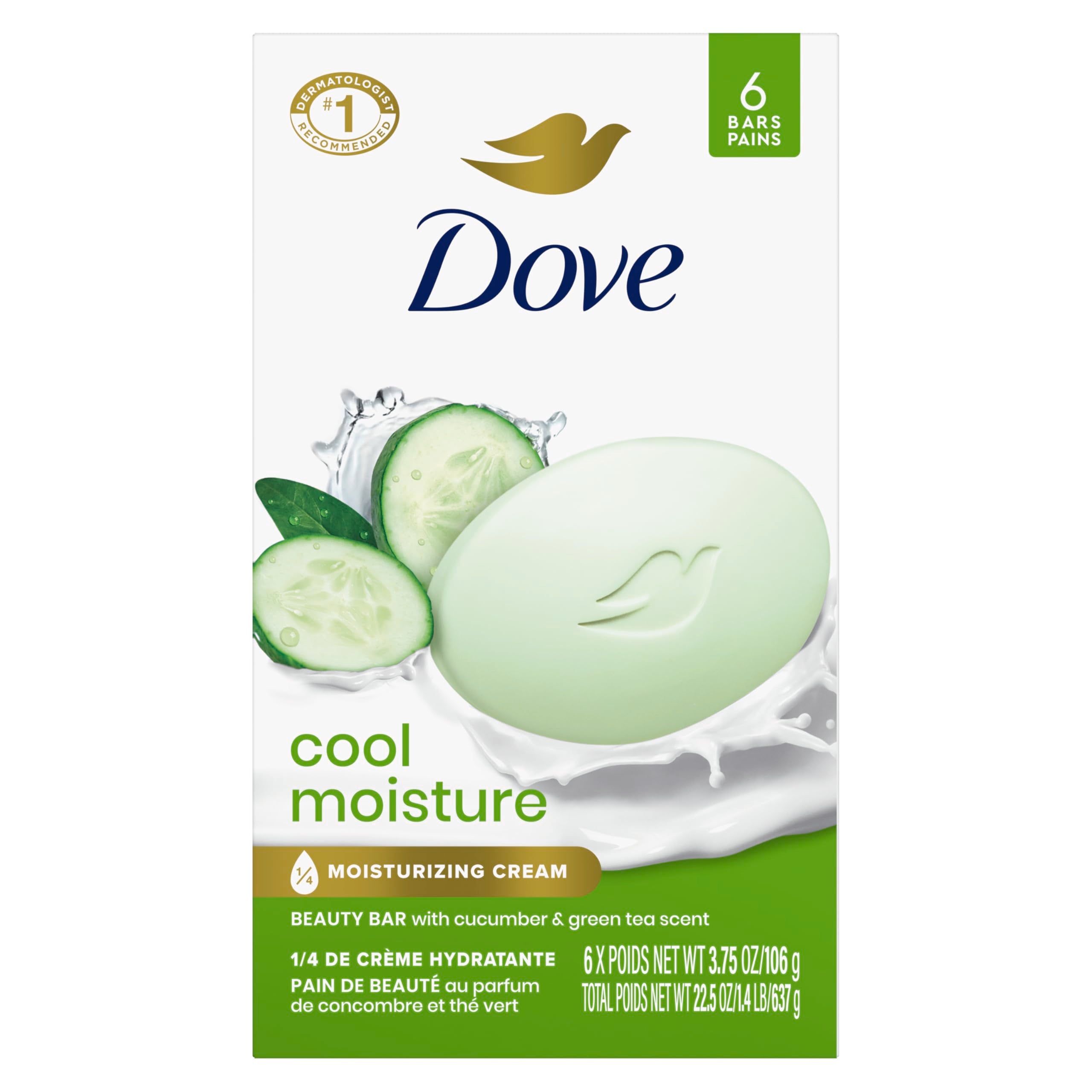 Dove Skin Care Beauty Bar For Softer Skin Cucumber And Green Tea More Moisturizing Than Bar Soap 3.75 oz 6 Bars