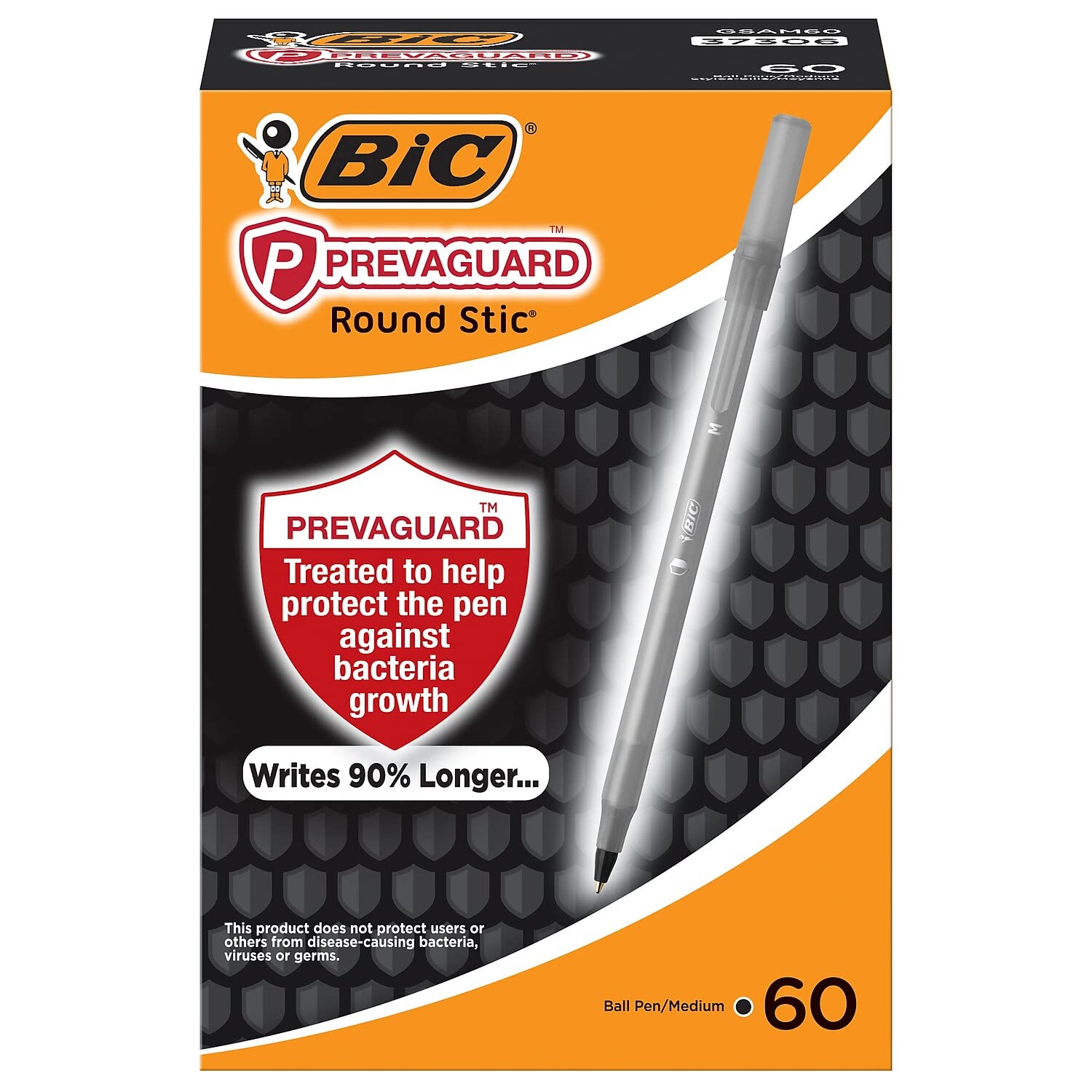 BIC PrevaGuard Round Stic Ballpoint Pen With Built-in Protection To Suppress Bacteria Growth, Medium Point (1.0 mm), Black, 60-Count