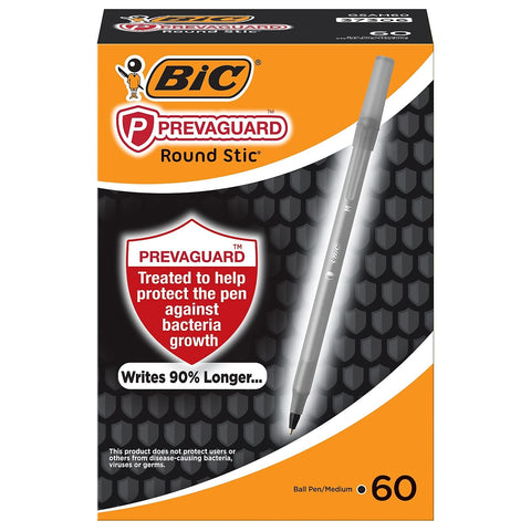 BIC PrevaGuard Round Stic Ballpoint Pen With Built-in Protection To Suppress Bacteria Growth, Medium Point (1.0 mm), Black, 60-Count
