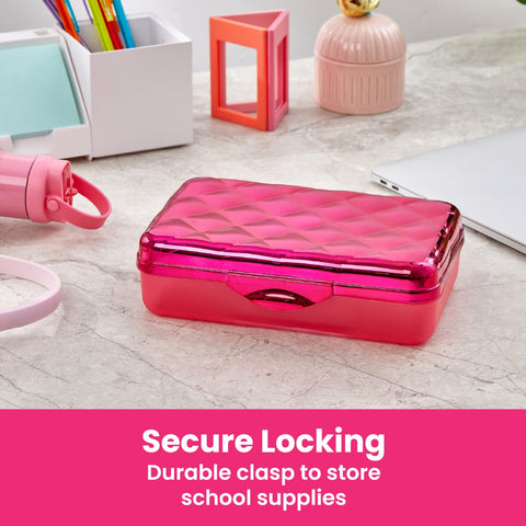 It's Academic Metallic Pencil Case Box, Hard Plastic, Stylish Quilted-Pattern Lid, Pink