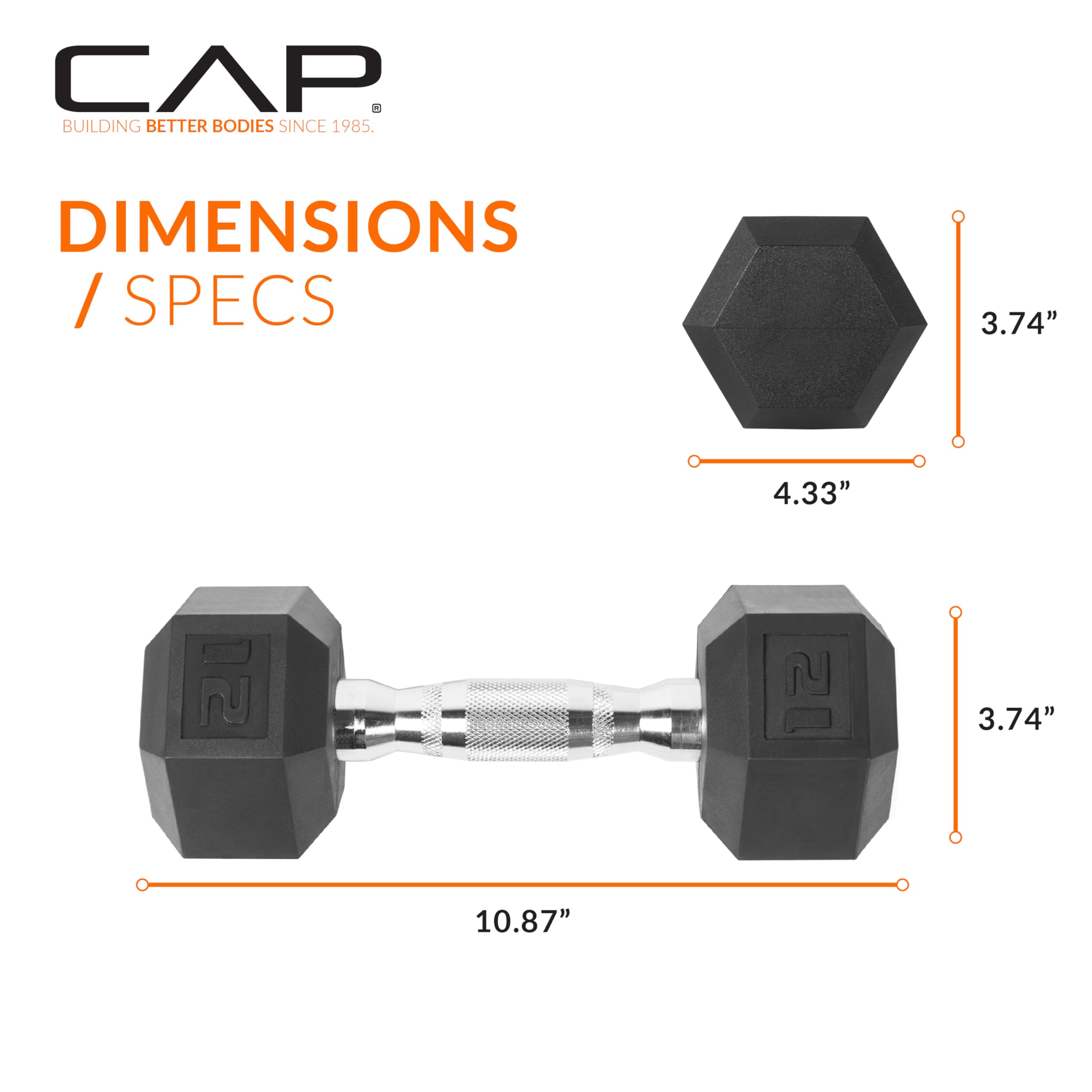 CAP Barbell 12 LB Rubber Coated Hex Dumbbell Hand Weight - Single | Chrome Handle